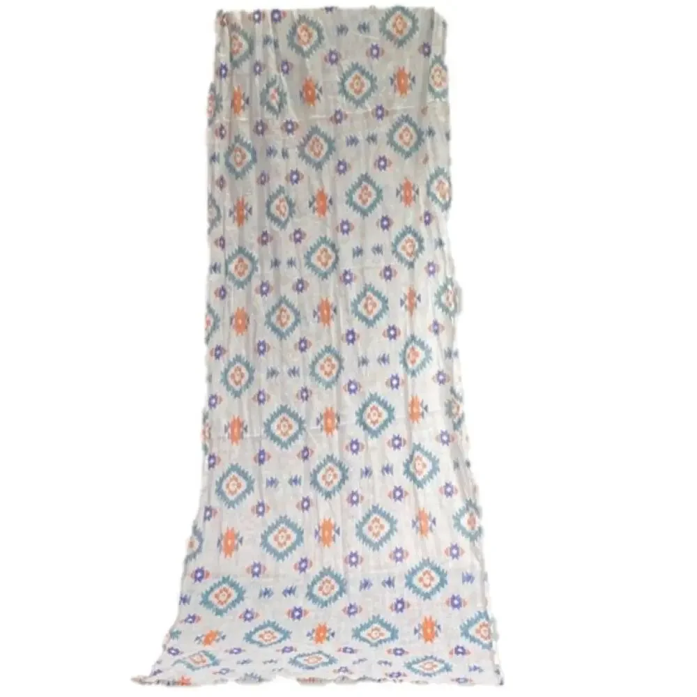 Funky Boho Raw Edge Scarf White with Multicolor Aztec Tribal Print L72